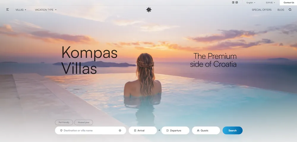 Kompas Villas — Postojeća snimka web stranice; aktualni izgled može se razlikovati.